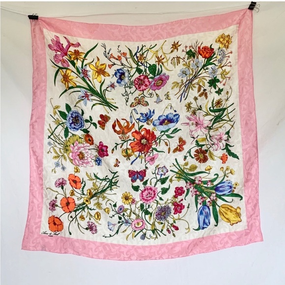 Vintage Accessories - Vintage Anne De Sevil Paris Floral Silk Scarf with Pink Border